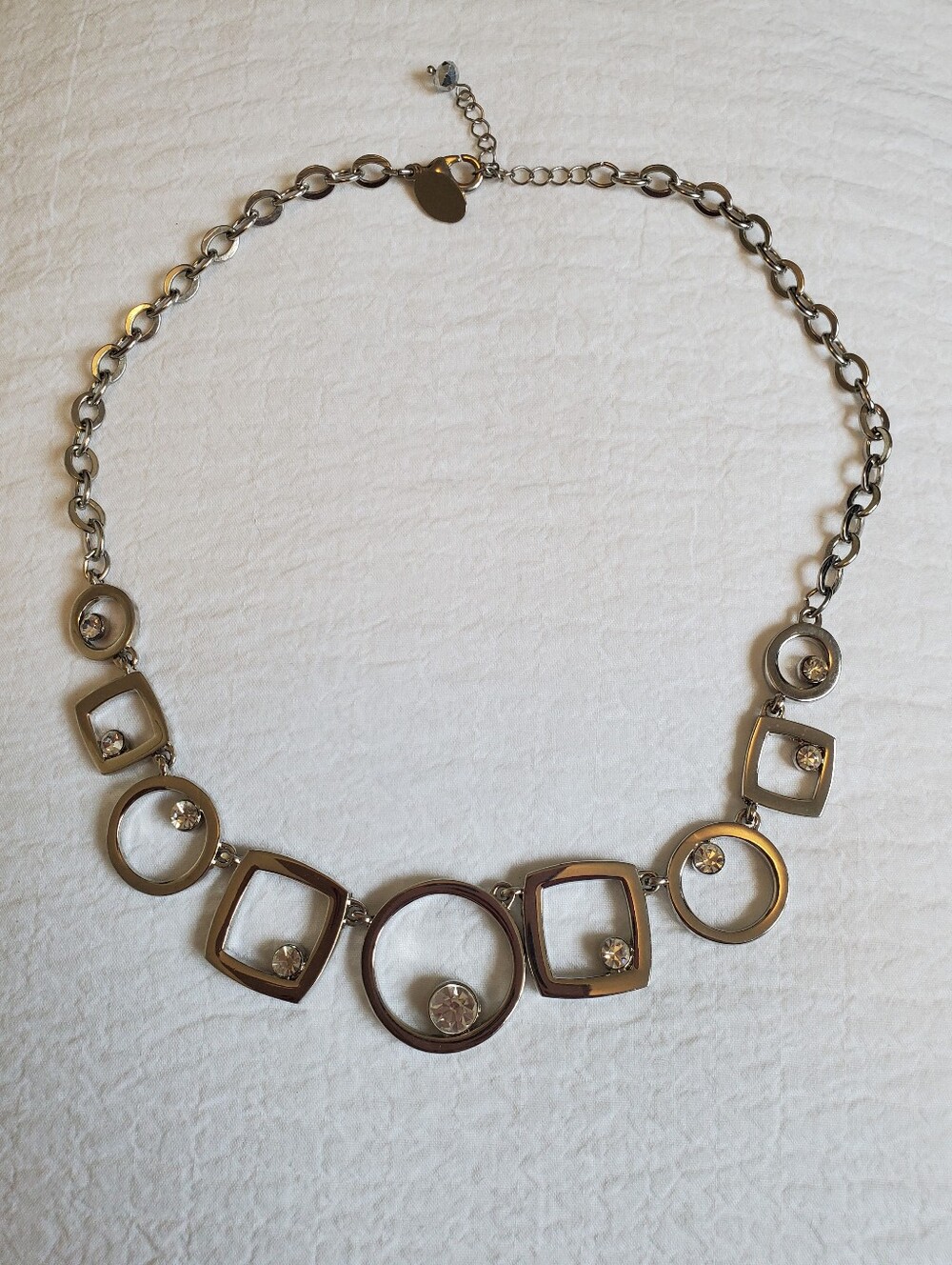 Reversible Necklace Silver-tone Geometric Circle & Squares White Crystal & Black